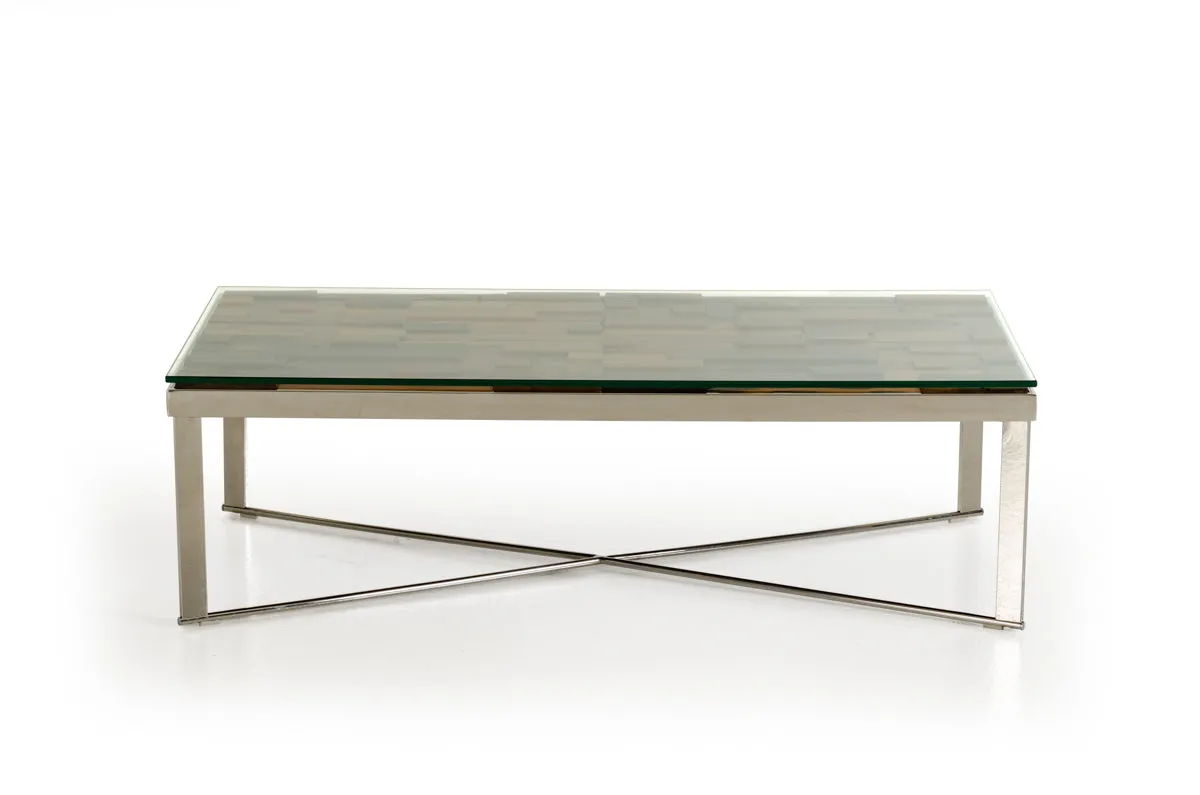 14' Mosaic Wood Glass and Steel Coffee Table By Homeroots