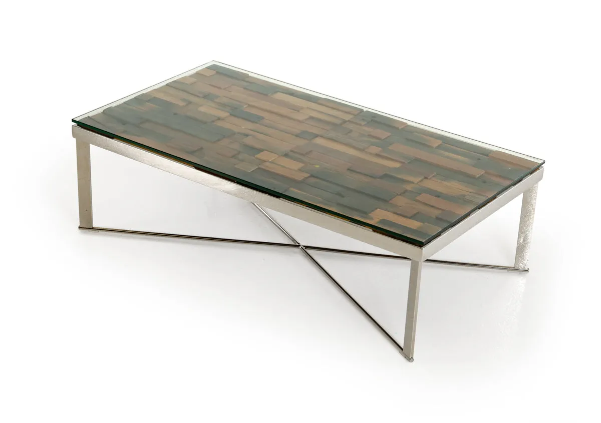 14' Mosaic Wood Glass and Steel Coffee Table By Homeroots