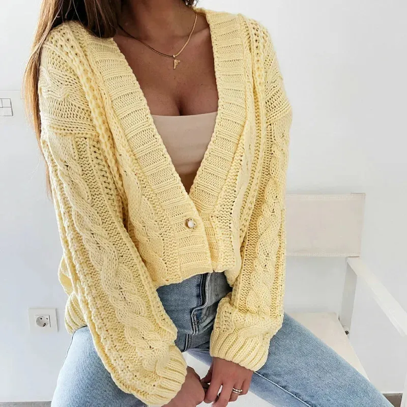 2024 Autumn New Women Cropped Cardigan V-neck Button Twist Knitted Tops Coat