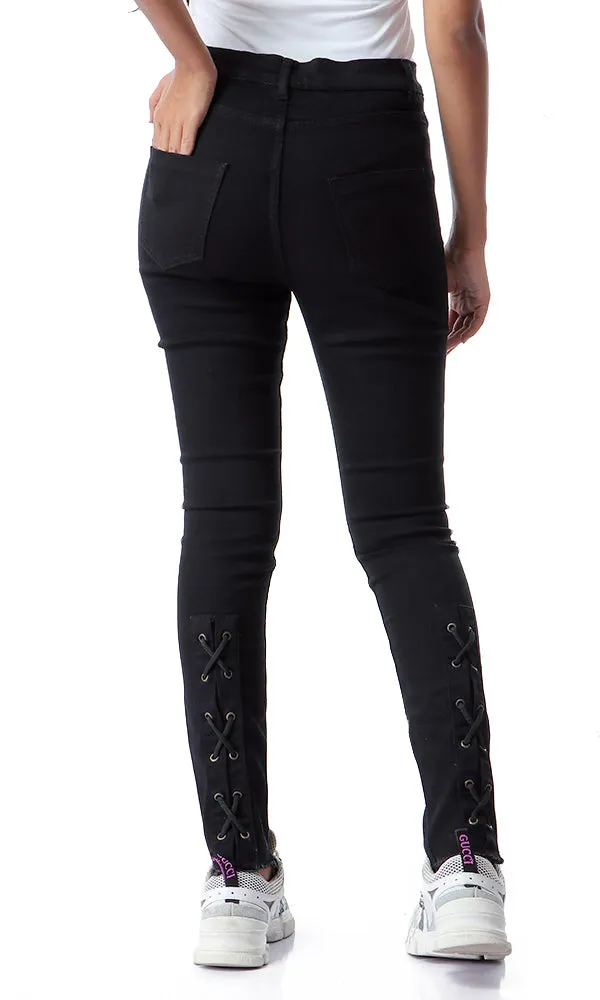 56026 Sides Decorative Lace Up Skinny Black Jeans