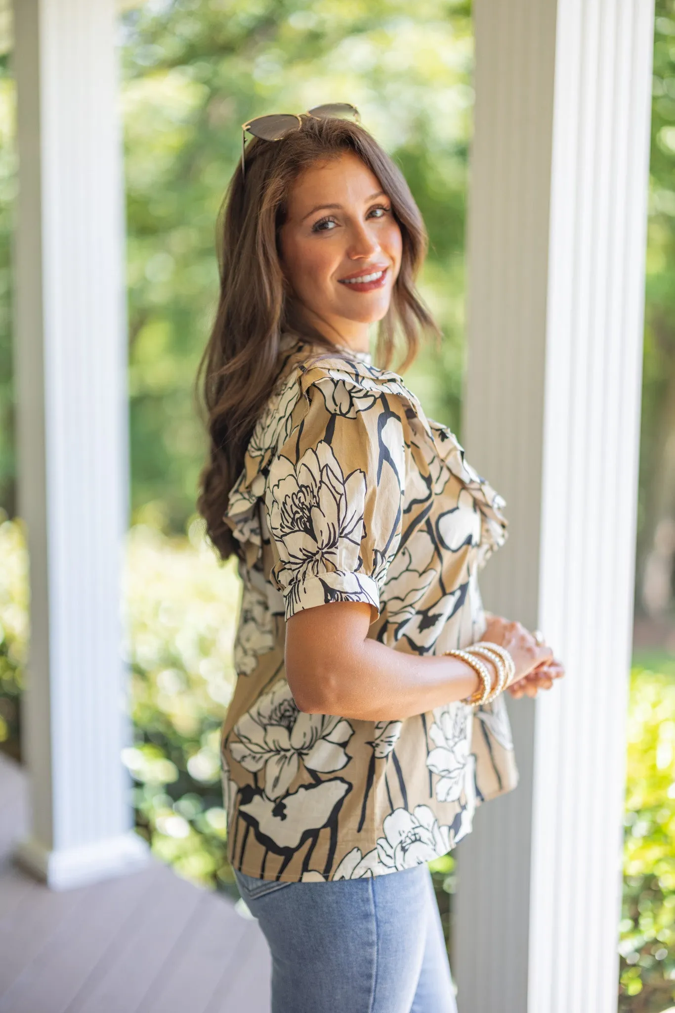 Abstract Blooms Taupe Floral Top