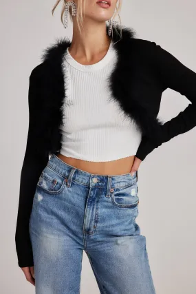 Alana Cropped Black Faux Fur Trim Cardigan