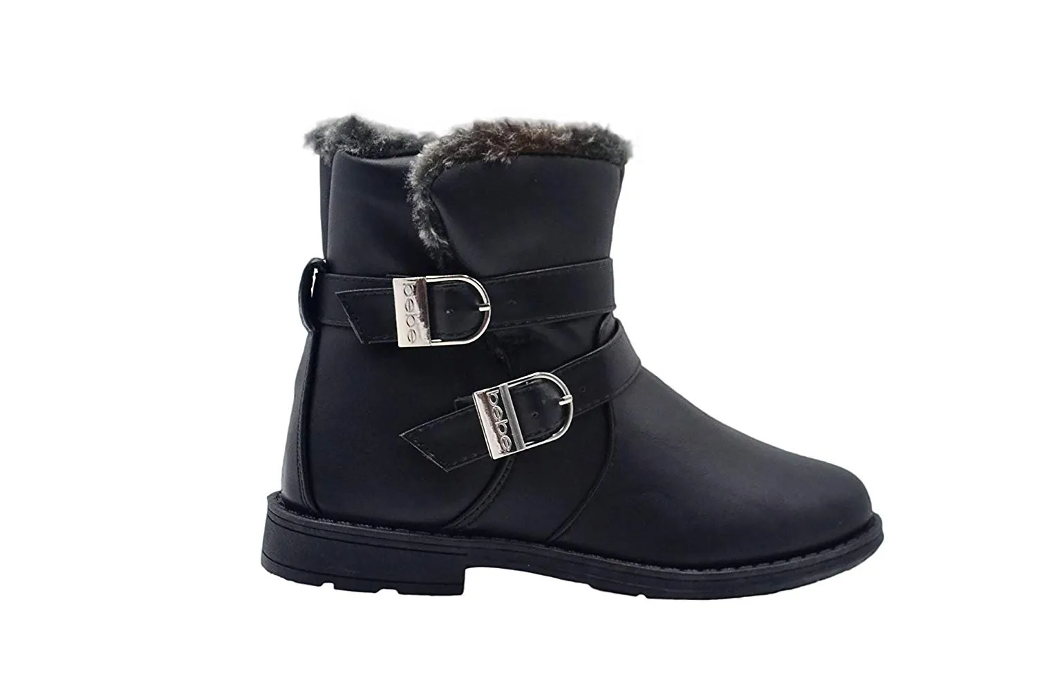 bebe Girls Big Kid Easy Pull-On Short Mid-Calf Ankle Boots Embellished with Faux Fur Trim and Buckles