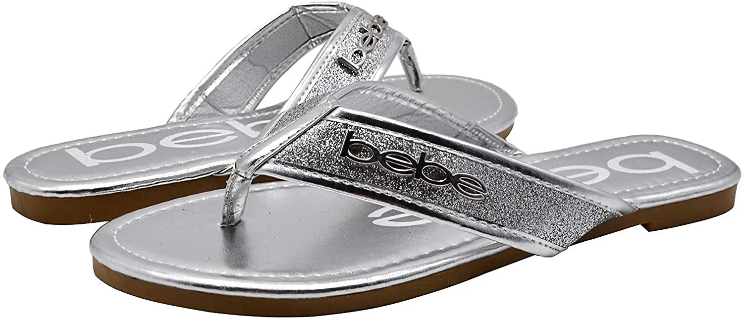 bebe Girls’ Big Kid Glitter Strap Flip Flop Thong Slide Sandal with Metallic Footbed - Fashion Summer Bling Shoes