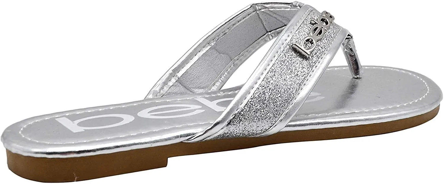 bebe Girls’ Big Kid Glitter Strap Flip Flop Thong Slide Sandal with Metallic Footbed - Fashion Summer Bling Shoes