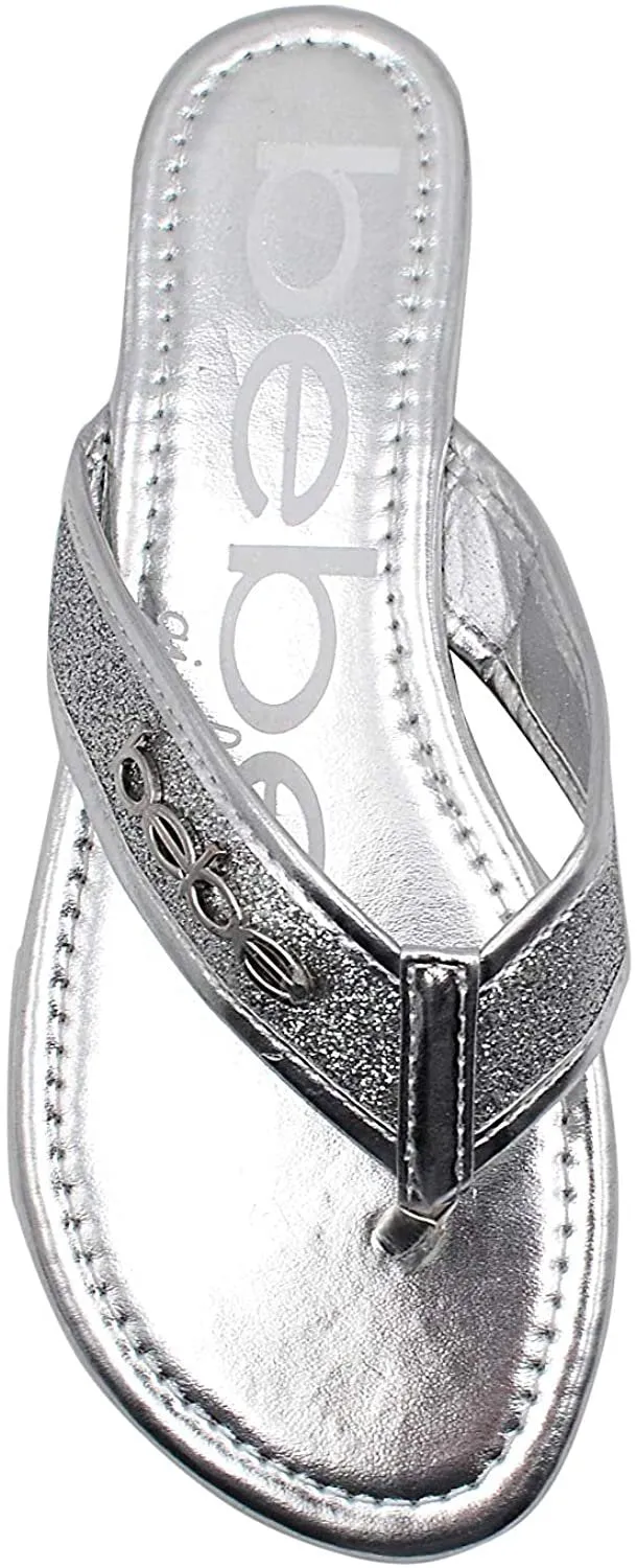 bebe Girls’ Big Kid Glitter Strap Flip Flop Thong Slide Sandal with Metallic Footbed - Fashion Summer Bling Shoes