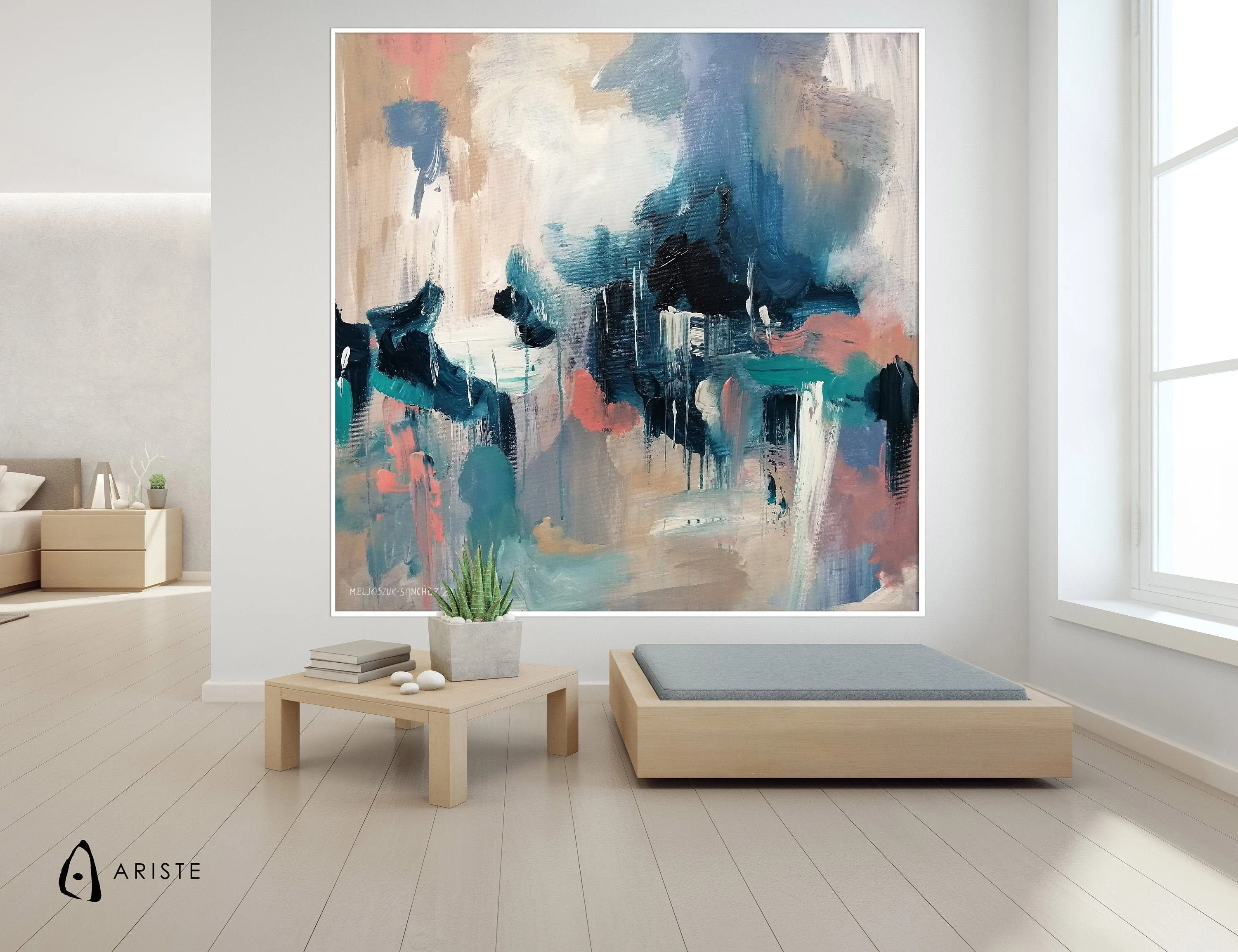 Beige, pink & blue abstract oversized wall art made to order in a custom size