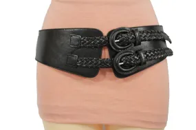 Black Faux Leather Stretch Back Band Belt Double Buckles Women Size S M L