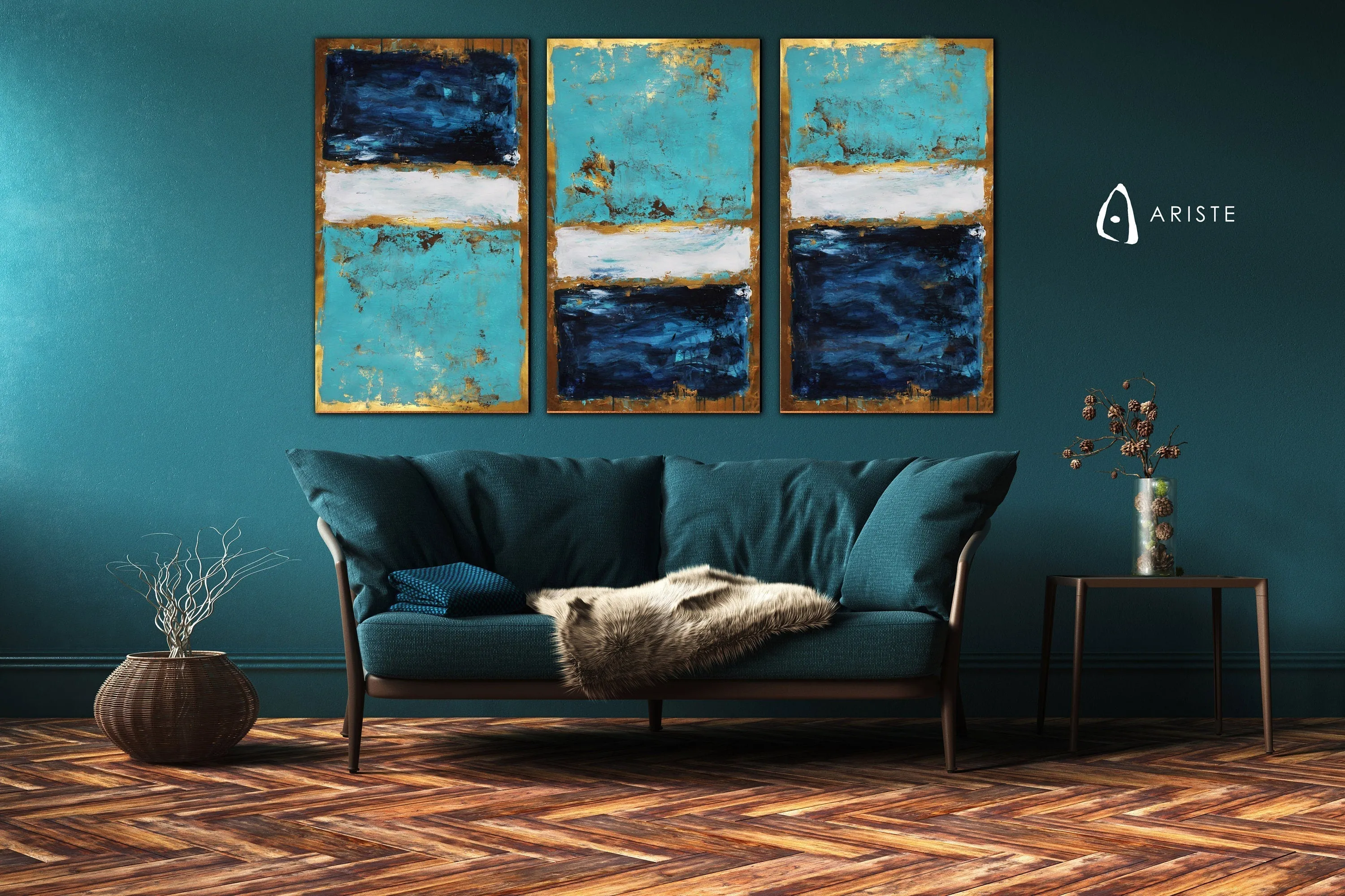 Blue, teal & gold extra large 3 piece wall art made to order in a custom size