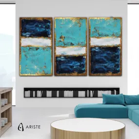 Blue, teal & gold extra large 3 piece wall art made to order in a custom size