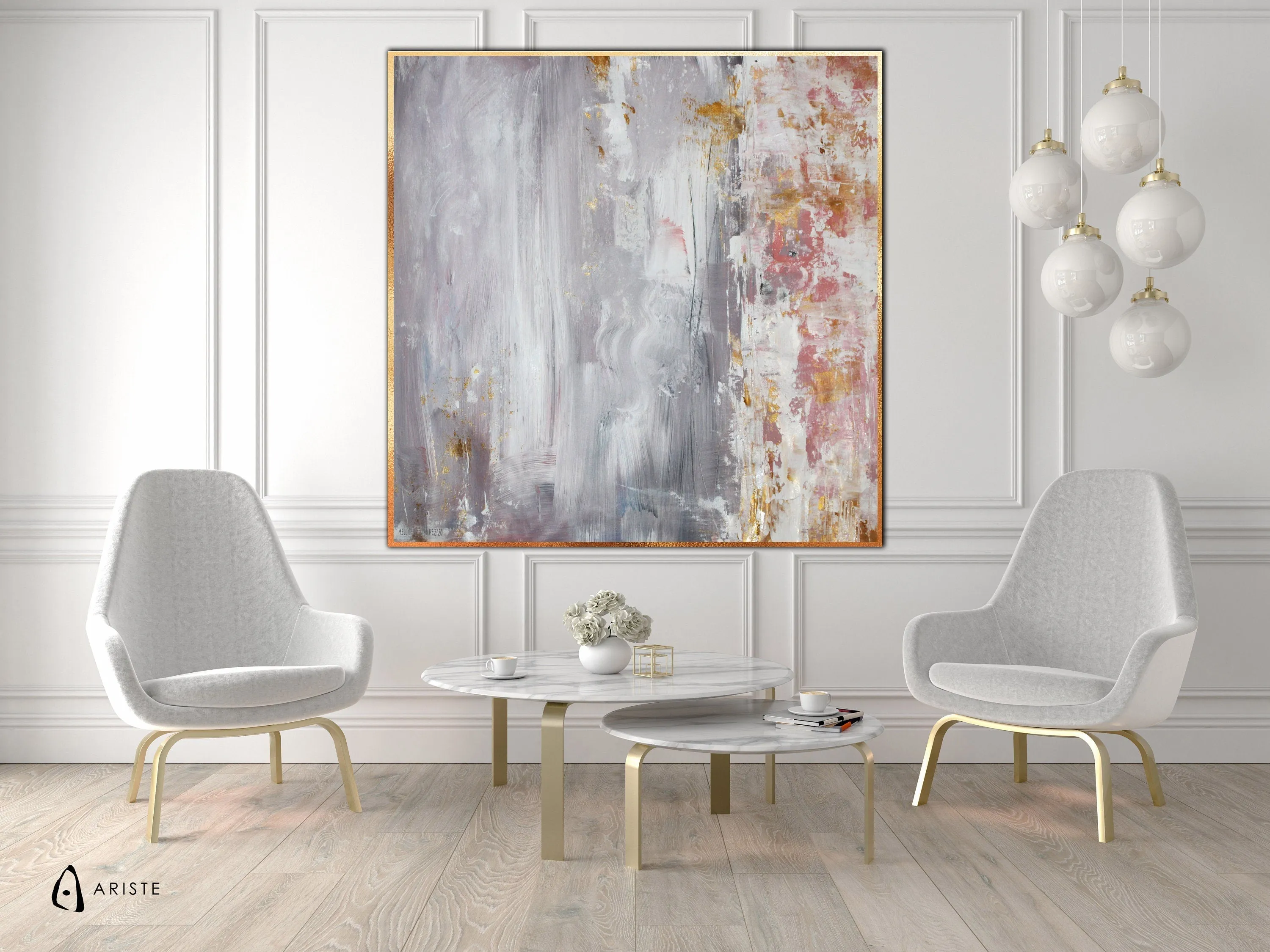 Blush pink, grey & gold large abstract wall art made to order in a custom size