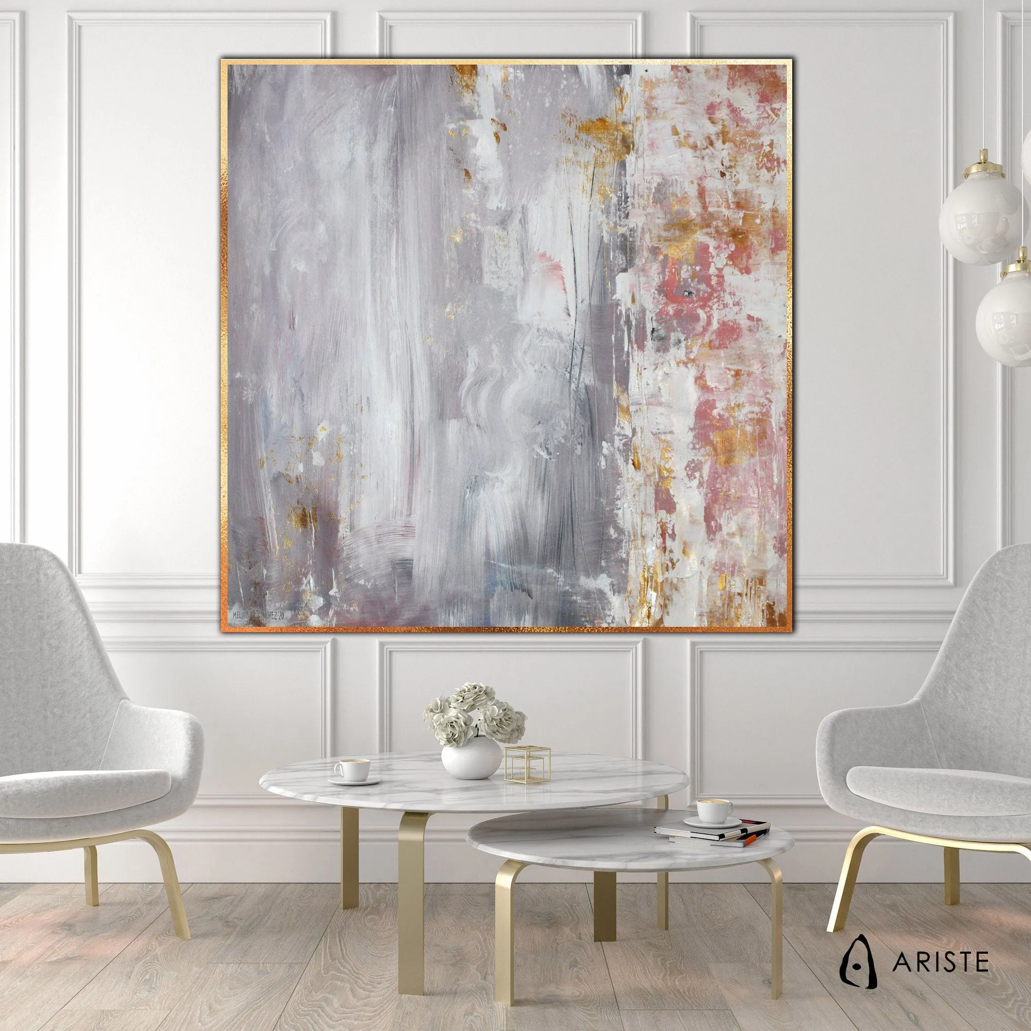 Blush pink, grey & gold large abstract wall art made to order in a custom size