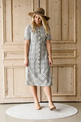 Button Up Plaid 1/2 Sleeve Midi Dress - FINAL SALE