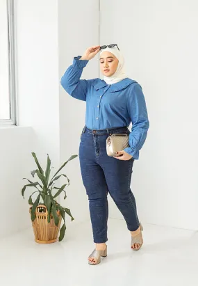 Dollee Big Collar Puff Sleeve Denim Blouse - Light Blue