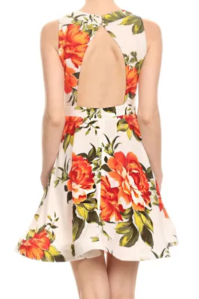 Floral Keyhole Cut Out Cocktail A-Line Fit & Flare Pleated Dress