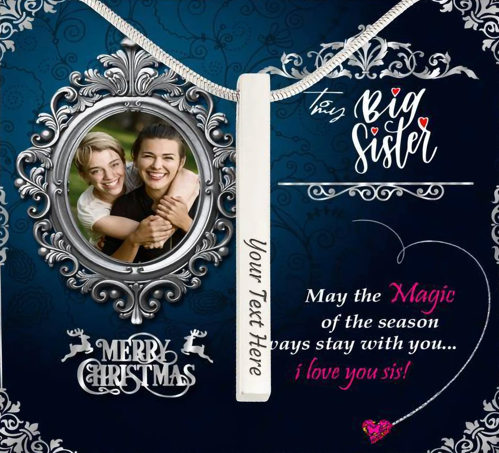 Gift For Big Sister 4 Sided Custom Name Engraving Vertical Bar Necklace With Marry Christmas Message Card Gift