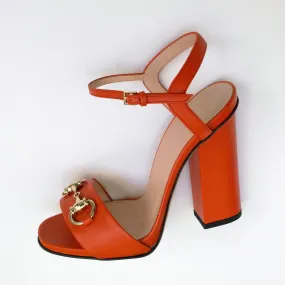 Gucci Horsebit Sandals in Sun Orange Leather Block Heels