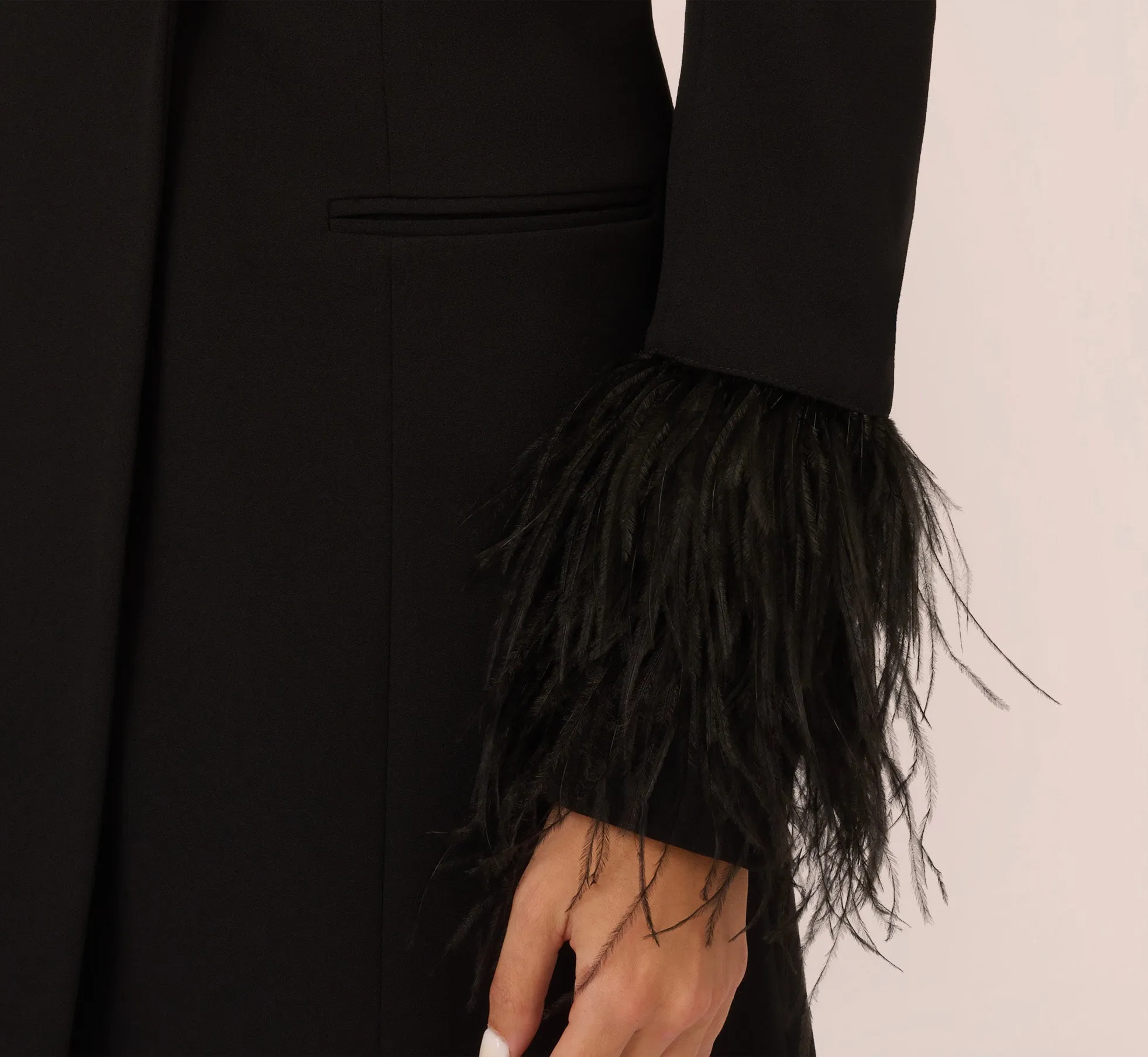 Knit Crepe Long Sleeve Blazer Dress With Feather Trim In Black