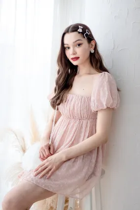 KYRIE PUFF SLEEVE RUCHED EYELET DRESS IN PINK