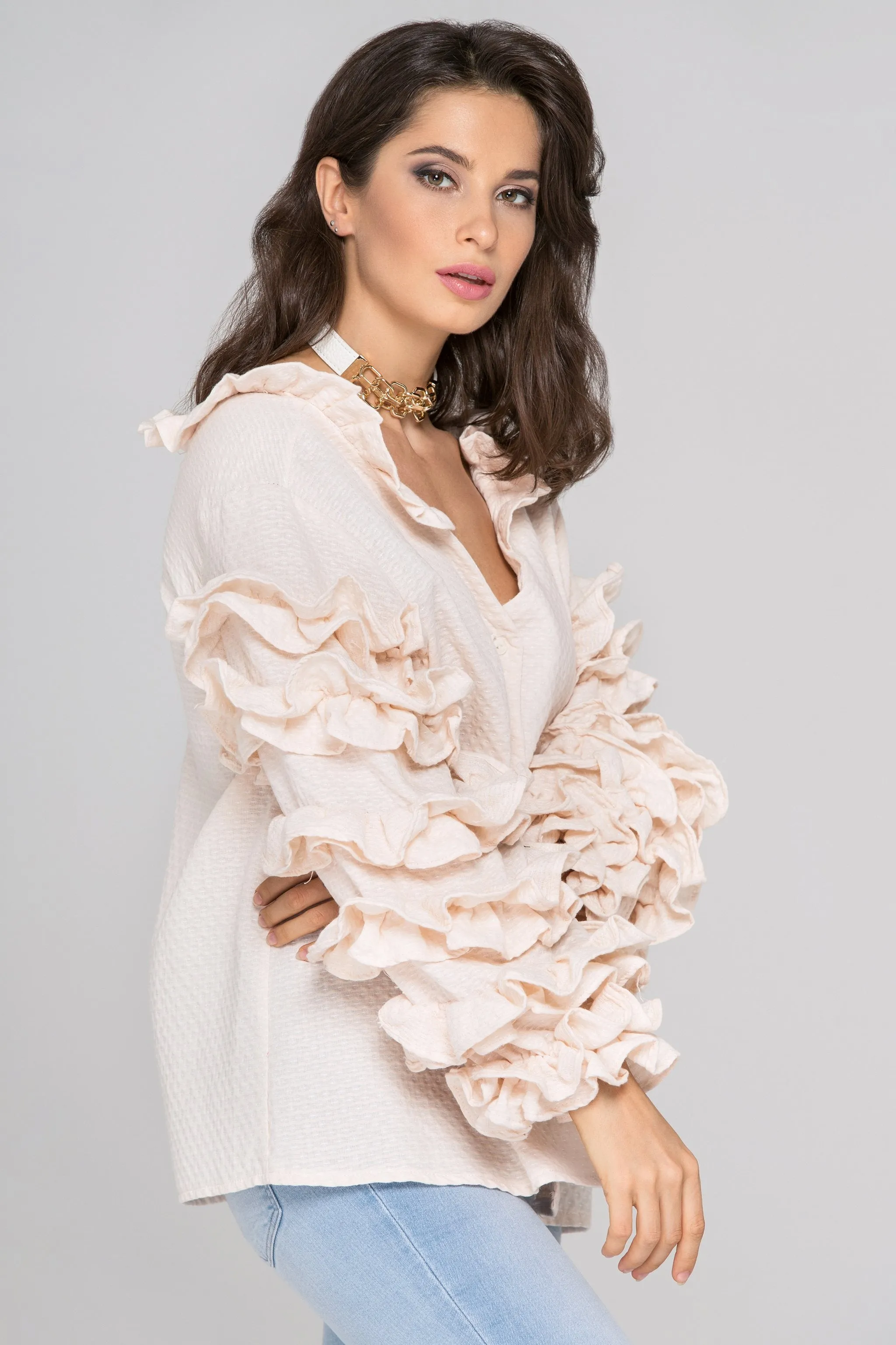 Light Peach Ruffle Sleeve Cardigan