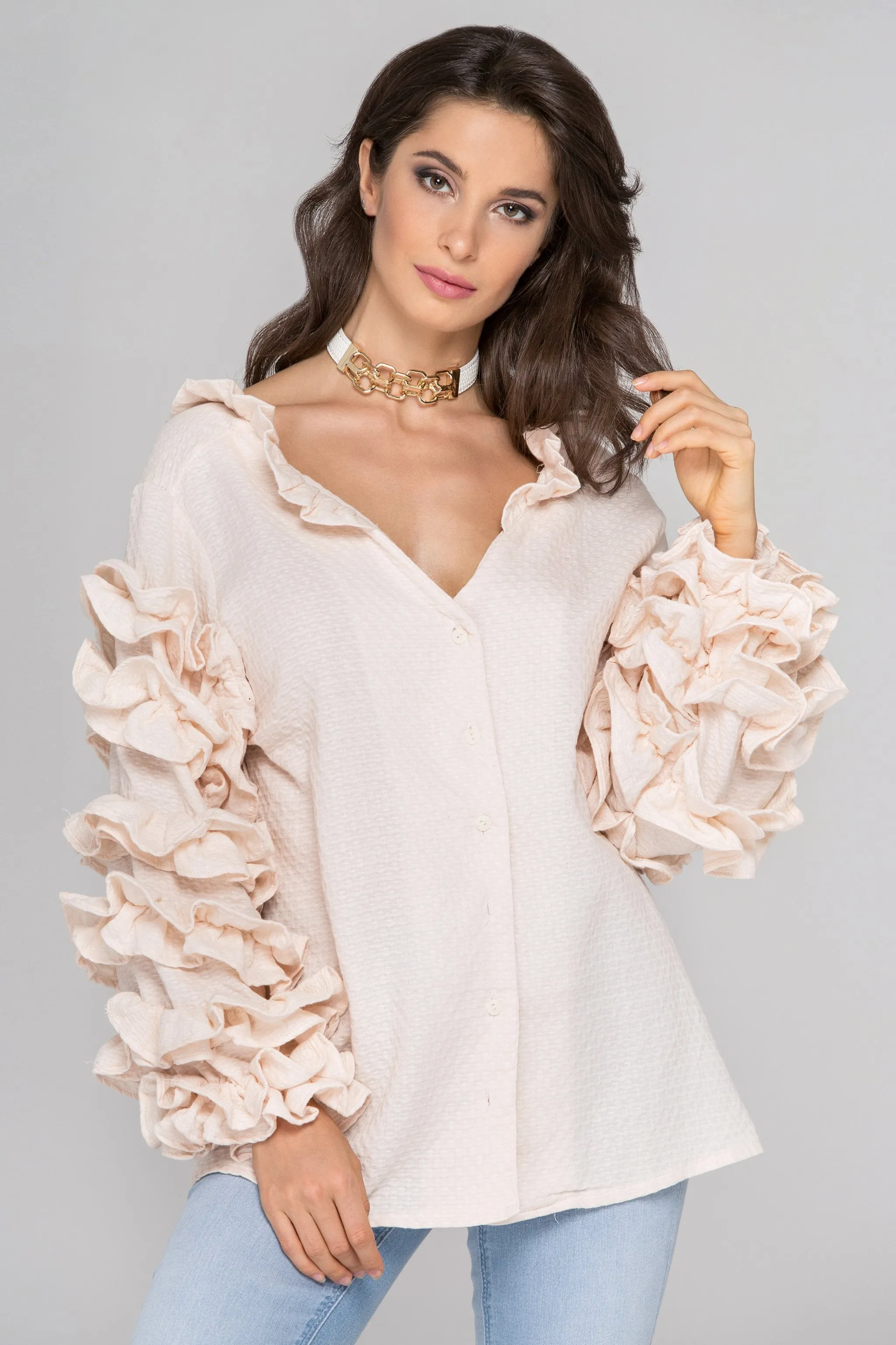 Light Peach Ruffle Sleeve Cardigan