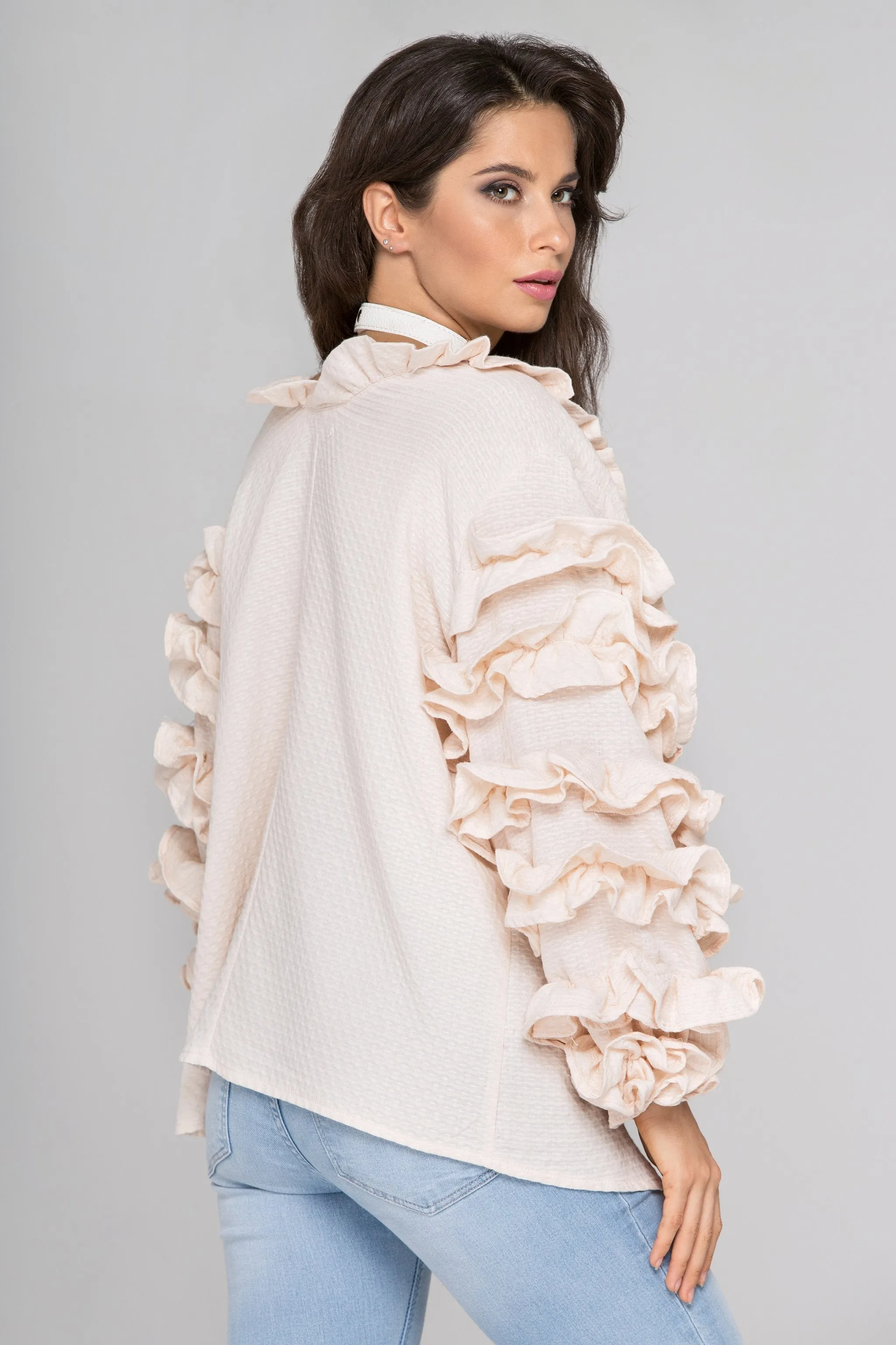 Light Peach Ruffle Sleeve Cardigan