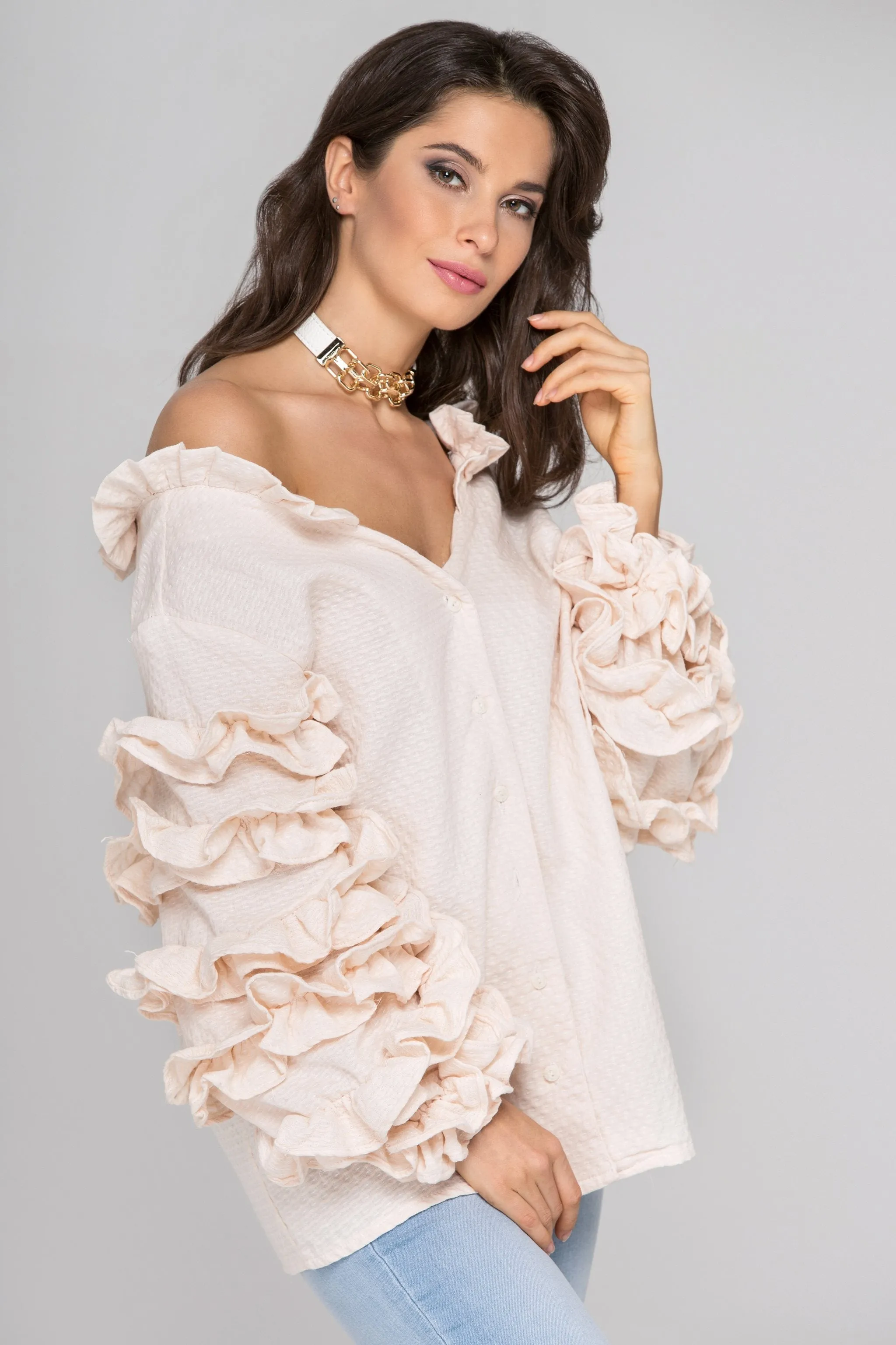 Light Peach Ruffle Sleeve Cardigan