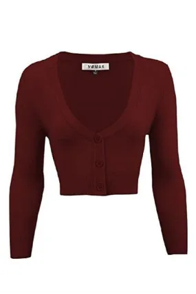 MAK Sweaters Cropped Cardigan with 3/4 Sleeves in Burgundy