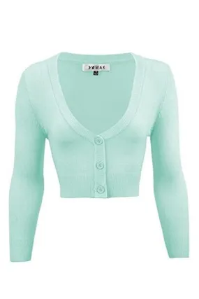 MAK Sweaters Cropped Cardigan with 3/4 Sleeves in Ice Blue