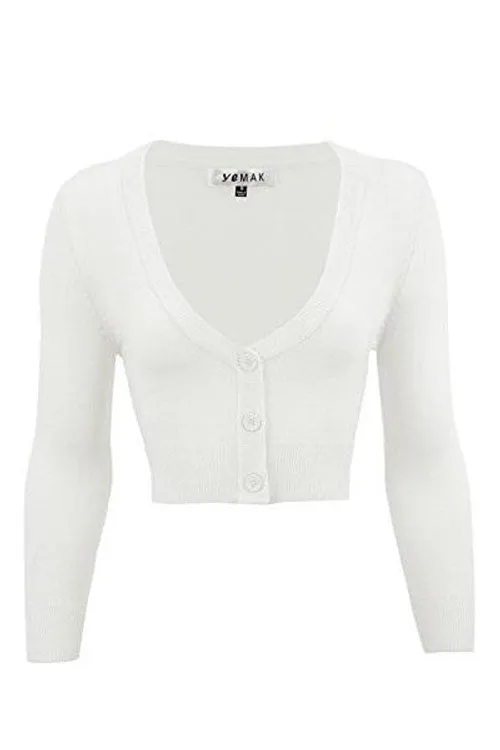 MAK Sweaters Cropped Cardigan with 3/4 Sleeves in White