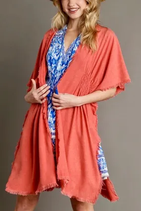 Mineral Washed Open Front Kimono with Smocked Details- Burnt Coral