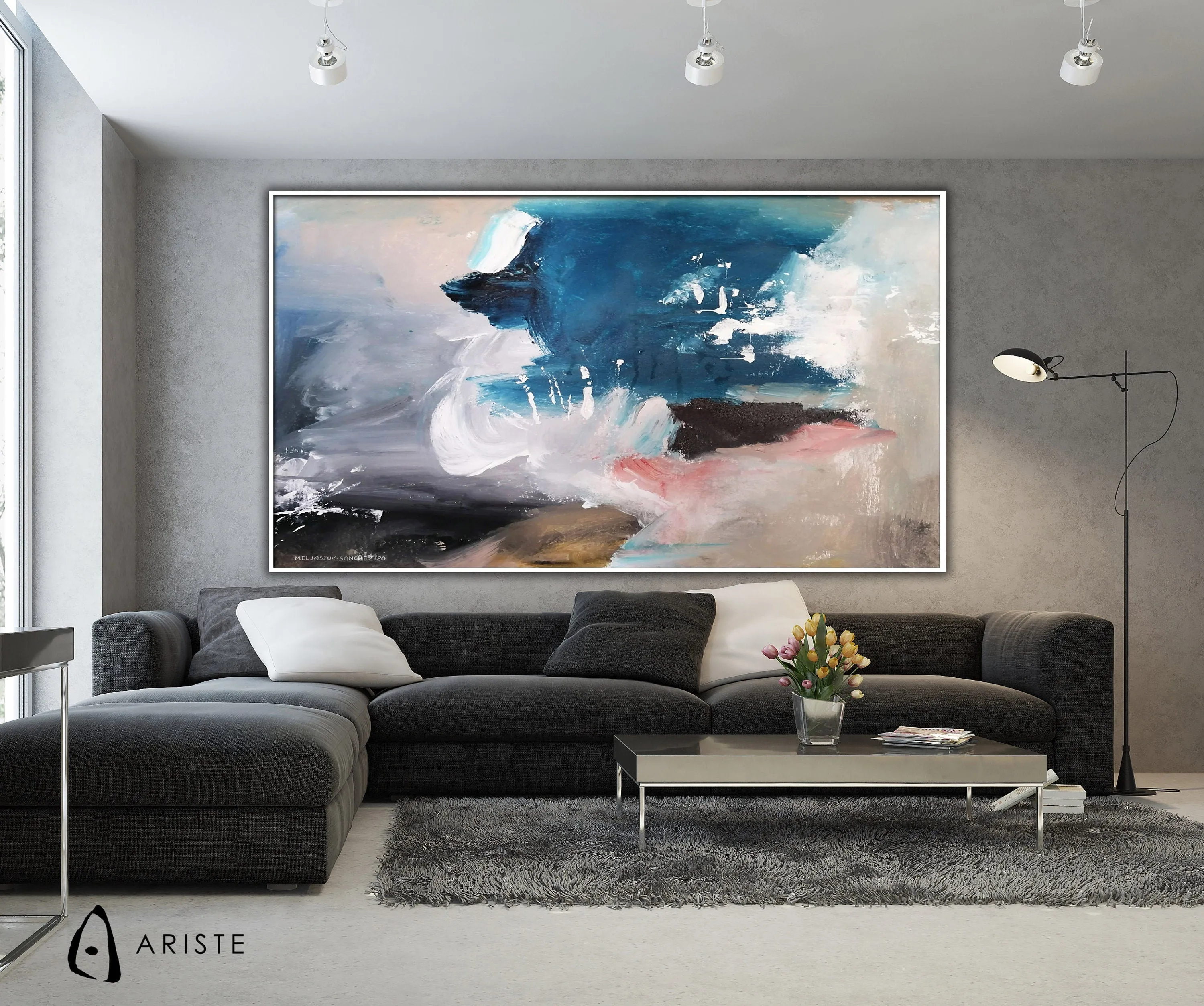 neutral & blue abstract oversized wall art made to order in a custom size