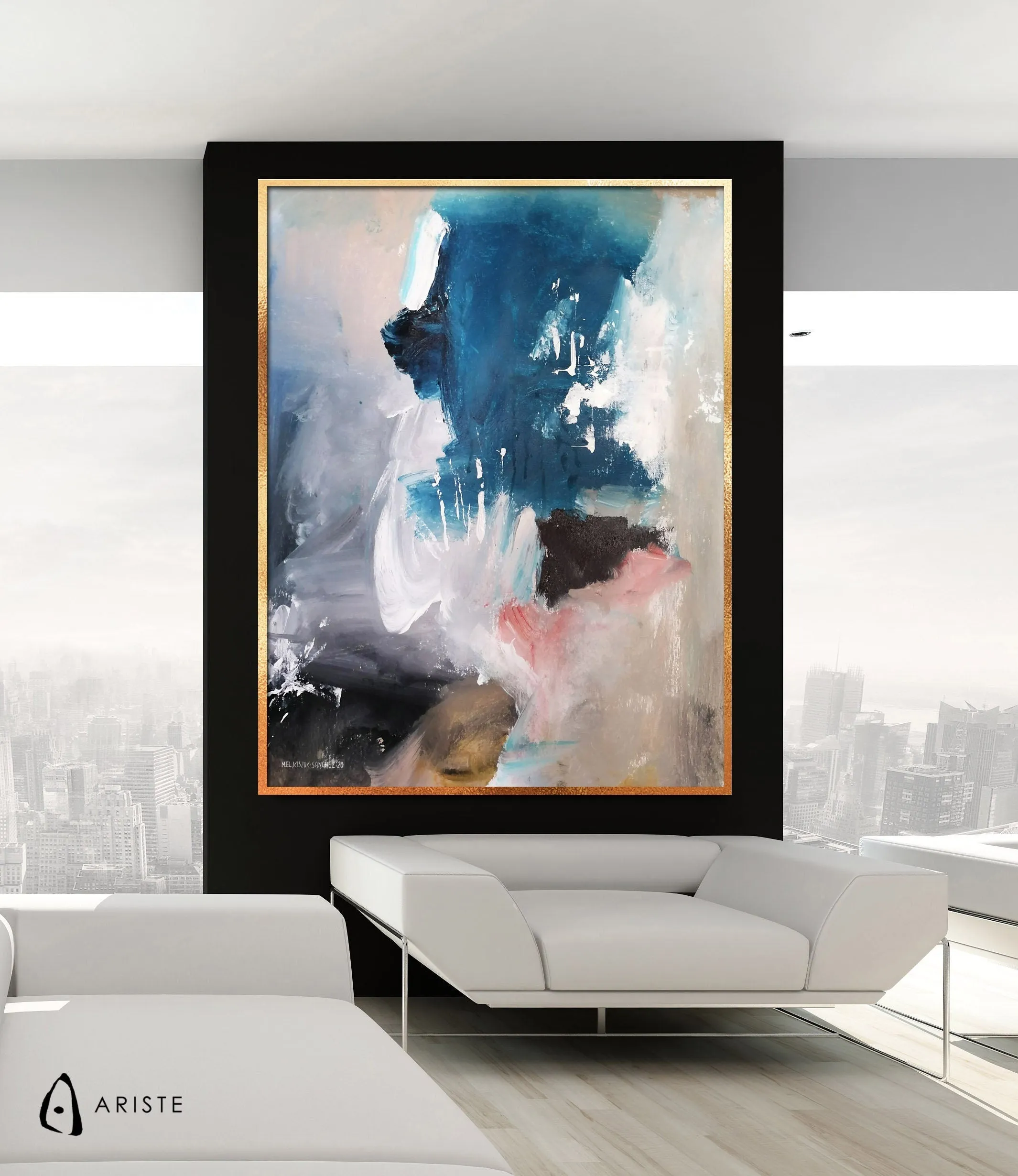 neutral & blue abstract oversized wall art made to order in a custom size