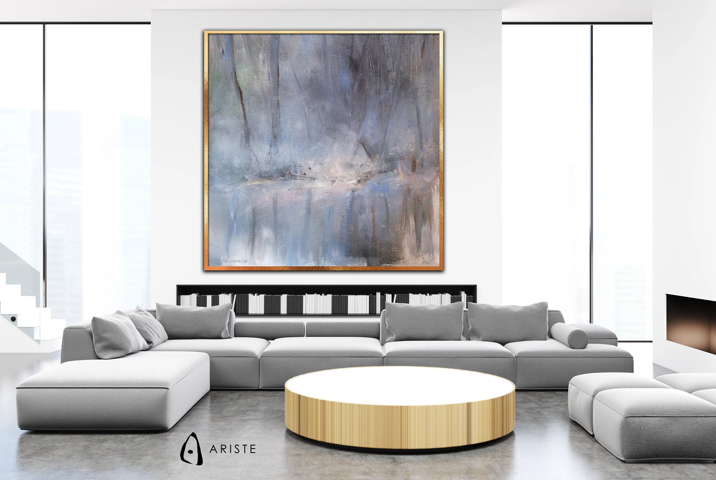 Neutral & blue large abstract landscape painting made to order in a custom size