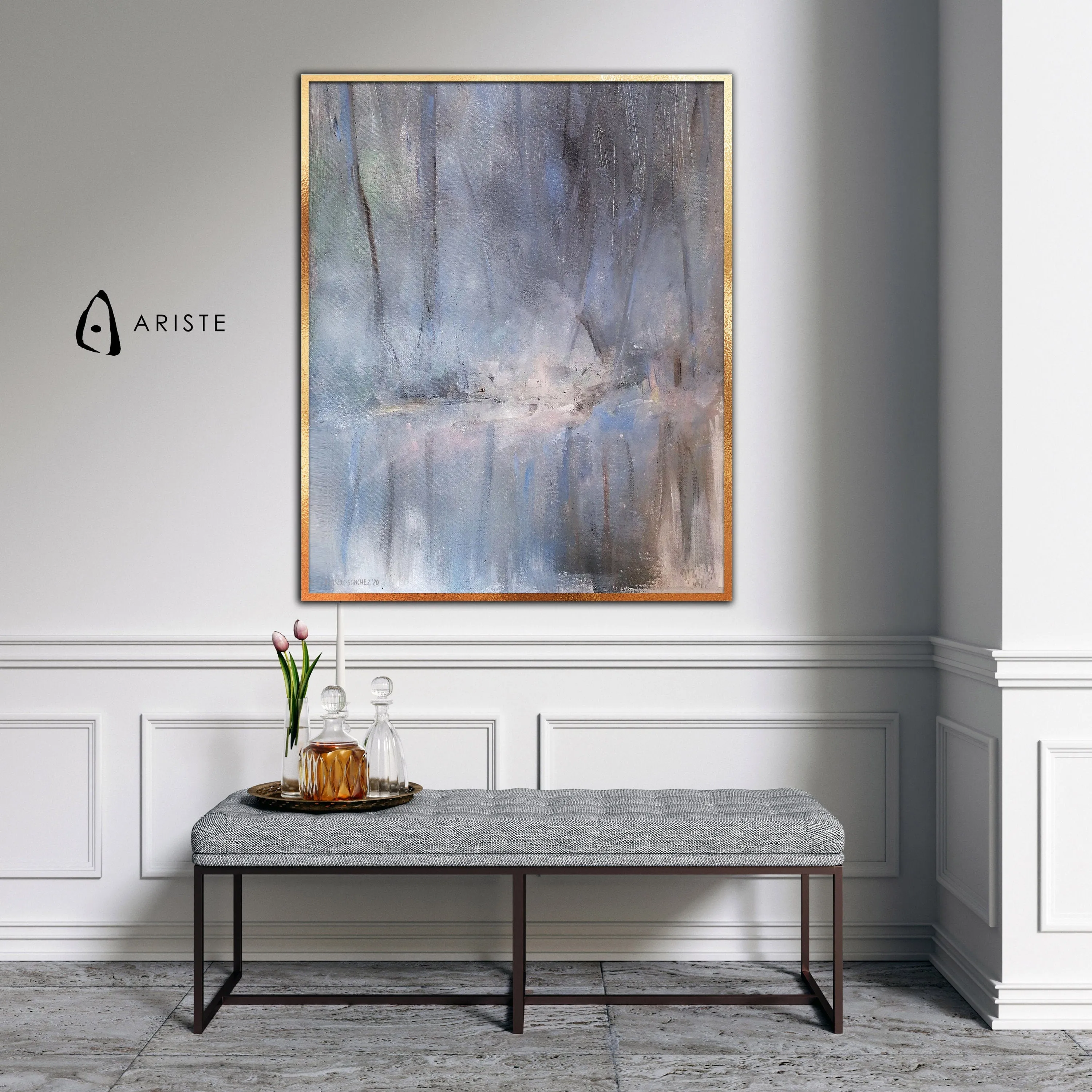 Neutral & blue large abstract landscape painting made to order in a custom size