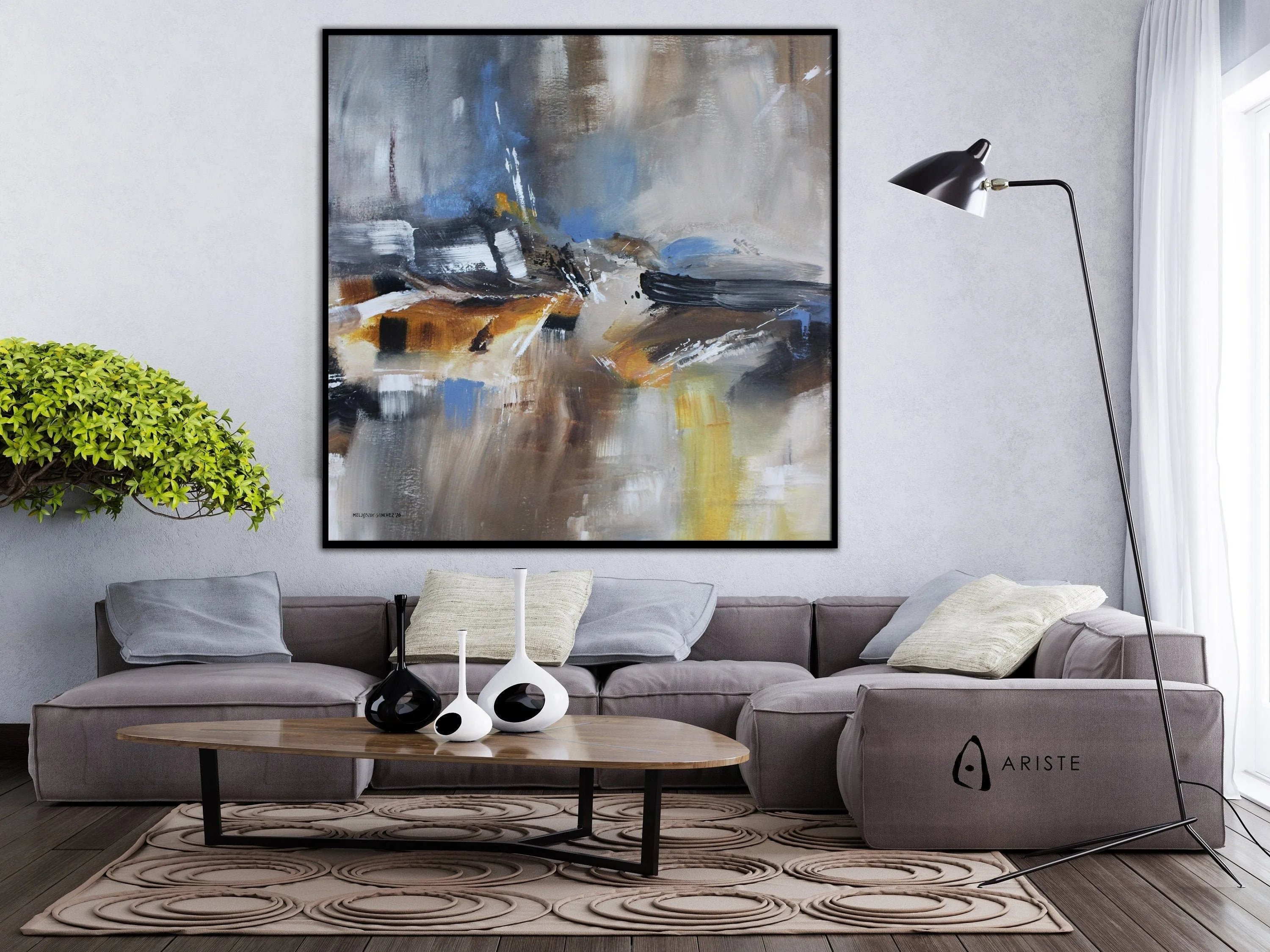 Neutral & orange extra large abstract painting made to order in a custom size