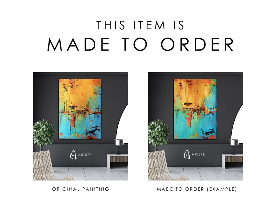 Neutral, teal & gold abstract oversized wall art made to order in a custom size