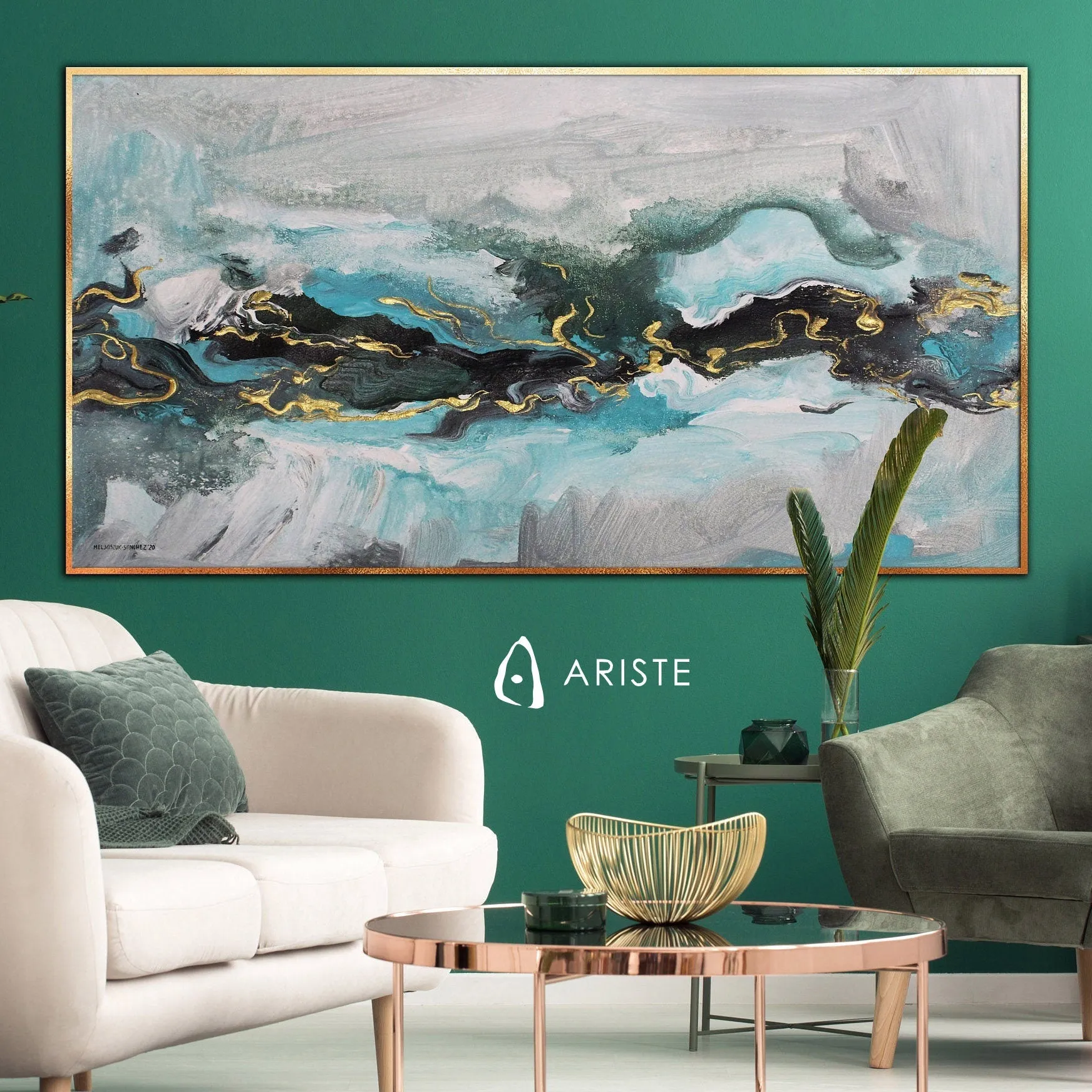 Neutral, teal & gold abstract oversized wall art made to order in a custom size