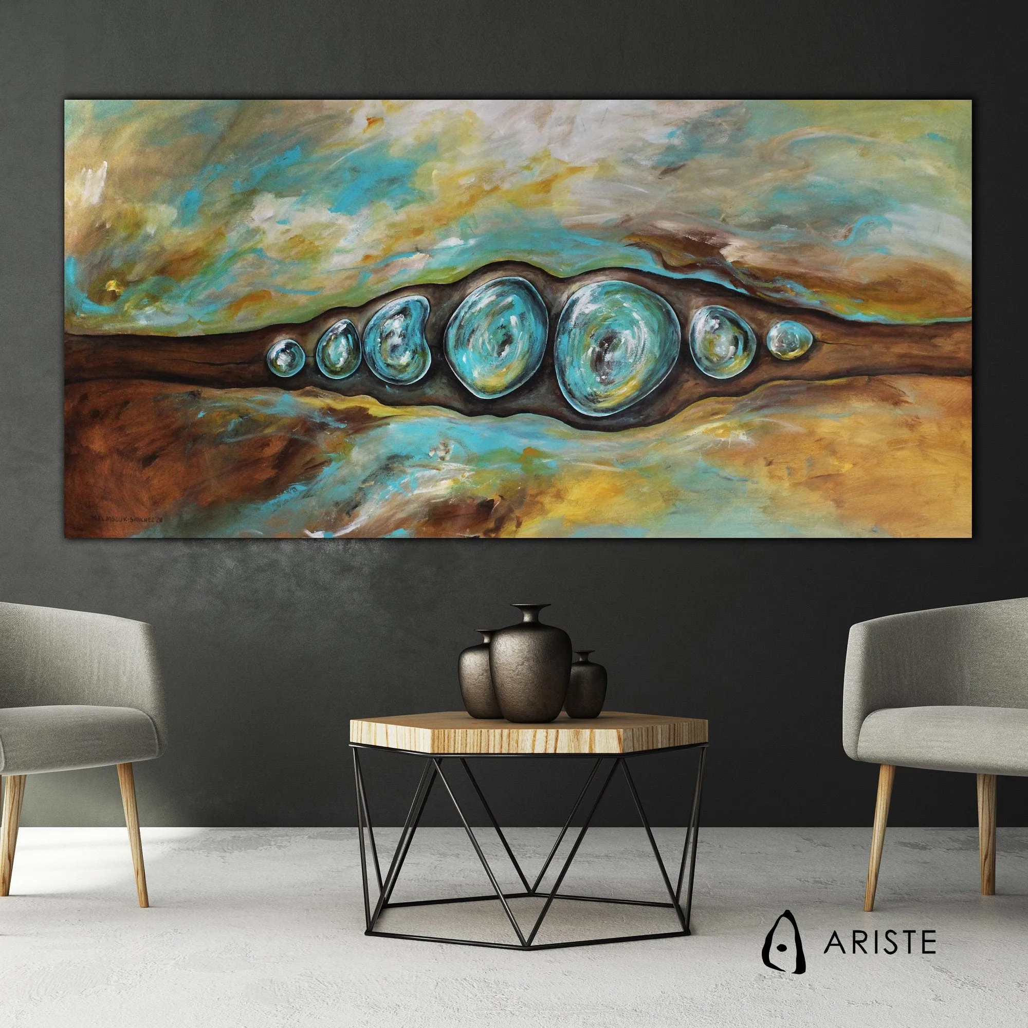 Teal blue & brown abstract oversized wall art made to order in a custom size