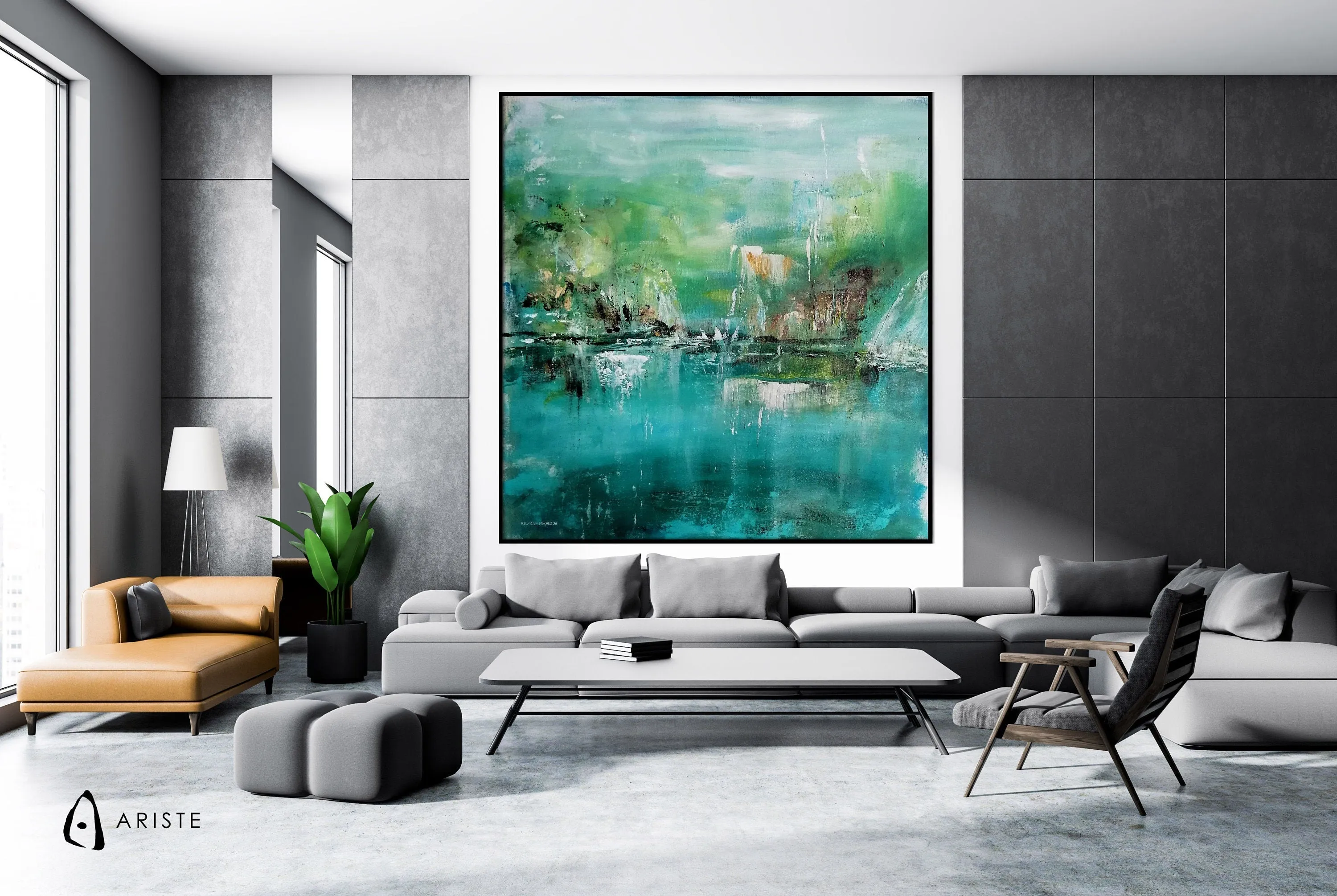 Teal blue & green abstract landscape wall art made to order in a custom size