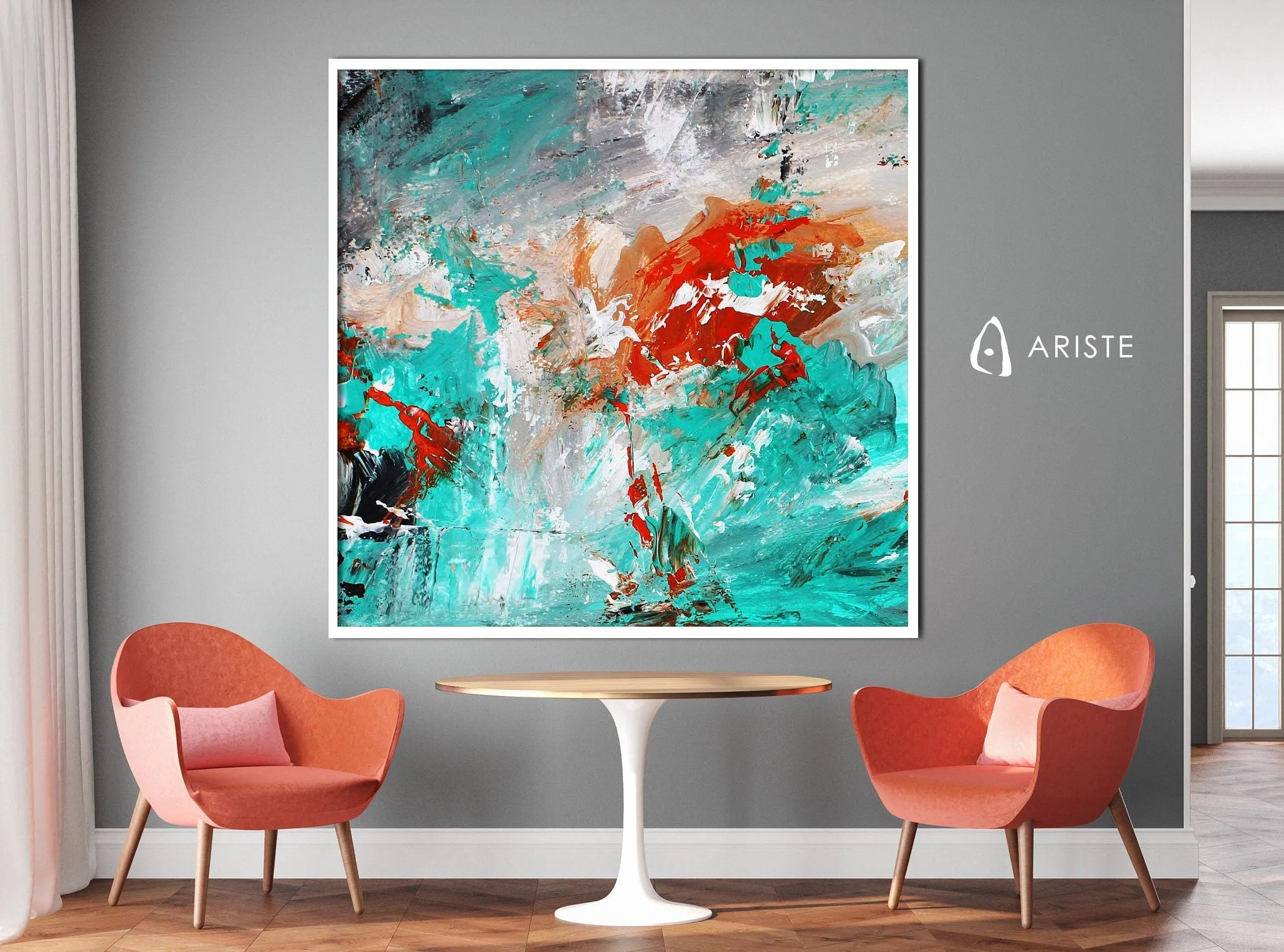 Teal green & orange extra large canvas wall art made to order in a custom size