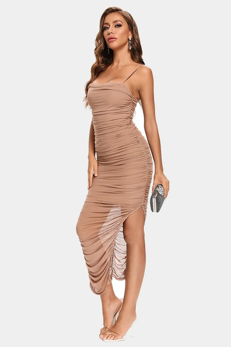 Tibi Sheer Feelings Bodycon Ruched Midi Dress